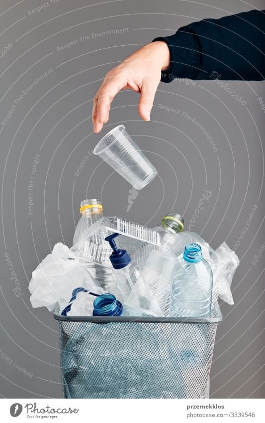 Heap of plastic bottles, cups, bags collected to recycling Bottle Hand Environment Container Packaging Package Plastic packaging Environmental pollution