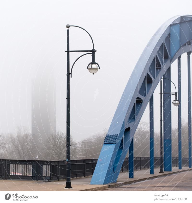 In the foreground an arch of the star bridge and in the background the Albin Müller tower on a foggy day Magdeburg Germany Europe Town Downtown Deserted Park