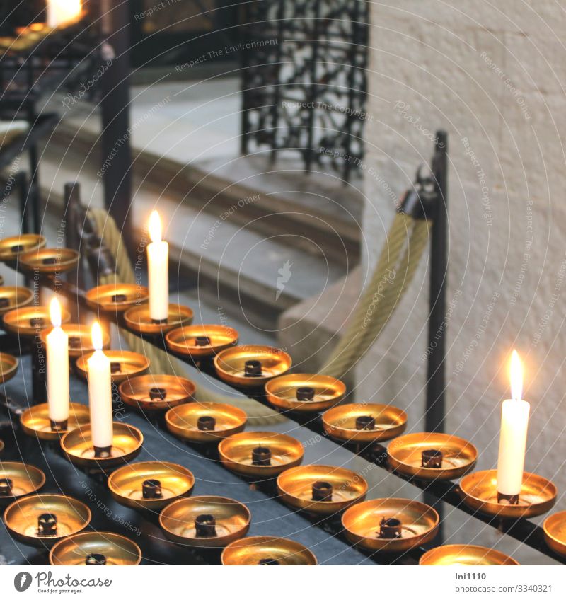 lit candles in church in remembrance Sign Gold Gray Black White shoulder stand Religion and faith Remember Memory Interior shot Deserted Light candlestick