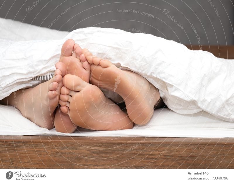 close up feet of a couple under the white sheets blanket in bed, Body Relaxation Leisure and hobbies Bedroom Human being Woman Adults Family & Relations Couple
