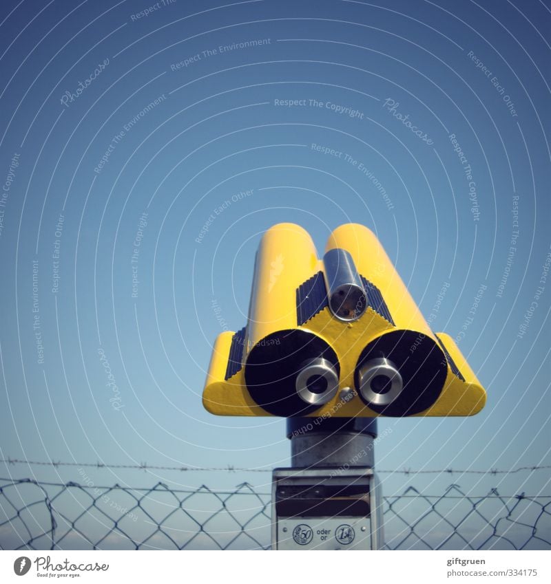 Look at that! Technology Looking Yellow Telescope Optical instruments Vista Perspective Fence Wire netting Wire netting fence Sky Sky blue Blue Upward Coin
