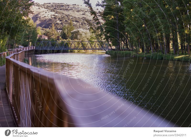 A bridge that crosses the river Adventure Summer Mountain Nature Landscape Water Spring Tree Bushes Forest Pond Lake River Bridge Natural Blue Brown fall Scene