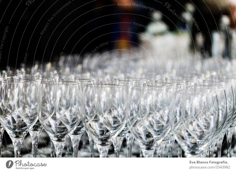 Wine Glass at the exhibition on the table. wedding decor Repeating Restaurant Toast Feasts & Celebrations Alcoholic drinks Empty Drinking Wine glass Row Pattern