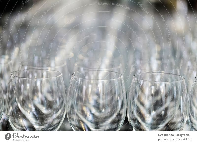 Wine Glass at the exhibition on the table. wedding decor Repeating Restaurant Toast Feasts & Celebrations Alcoholic drinks Empty Drinking Wine glass Row Pattern