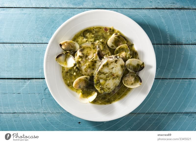 Hake fish and clams with green sauce Blue Mussel Clamp Delicious Fish Food Healthy Eating Food photograph Fresh Garlic Gourmet Green grilled.black hake