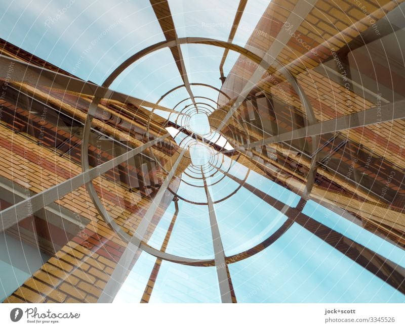 Escape in a double sense Architecture Sky Commercial building Facade Escape route Tall Long Above Agreed Center point Surrealism Irritation Double exposure