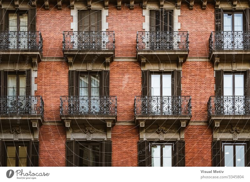 Red brick facade with balconies Design Flat (apartment) Building Architecture Facade Balcony Ornament Modern Colour Symmetry architectonic exterior red bricks