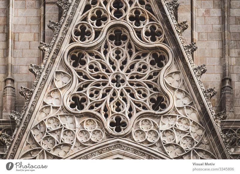 Detail of a rose window and sculpted filigrees at the front of a gothic cathedral basilica architecture architectural carving sacred color outdoor exterior