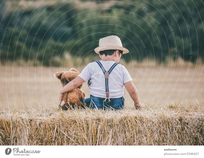Boy hugging teddy bear in the wheat field outdoor Joy Playing Vacation & Travel Freedom Summer Human being Masculine Child Toddler Family & Relations Friendship