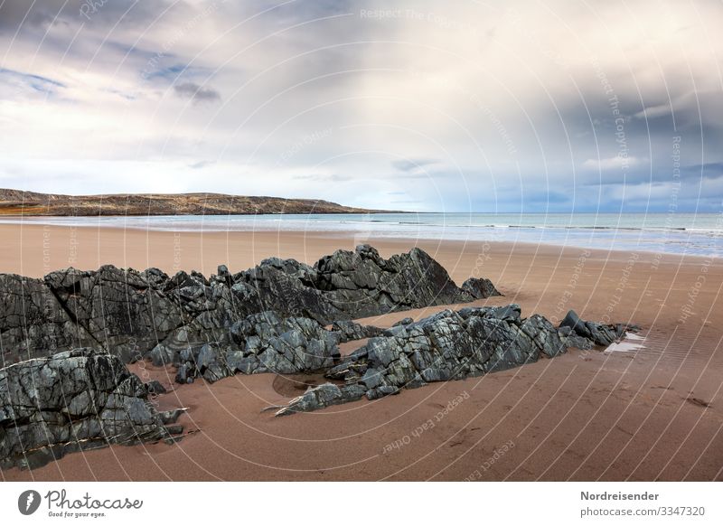 Sandy beach at the Barents Sea Vacation & Travel Far-off places Freedom Expedition Nature Landscape Elements Water Sky Storm clouds Weather Rock Waves Beach