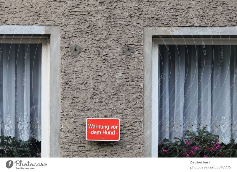 Warning about the dog Pot plant Detached house Window Curtain Window frame Tulle Stone Characters Signage Warning sign Gloomy Gray Red White Fear Dangerous