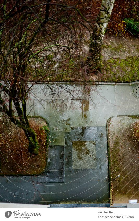 pavement in the rain Berlin Wet Precipitation Rain Rainwater Drops of water Window pane Dreary Town City life Water Bird's-eye view Front garden Puddle Deserted