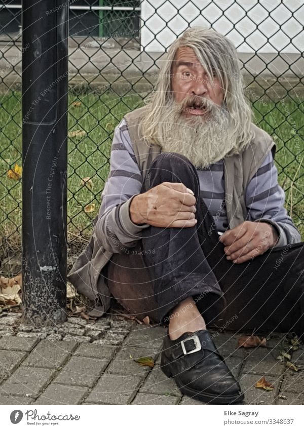People on the margins of society - one step further Human being Masculine Male senior Man 60 years and older Senior citizen Old Looking Sit Sadness Dirty