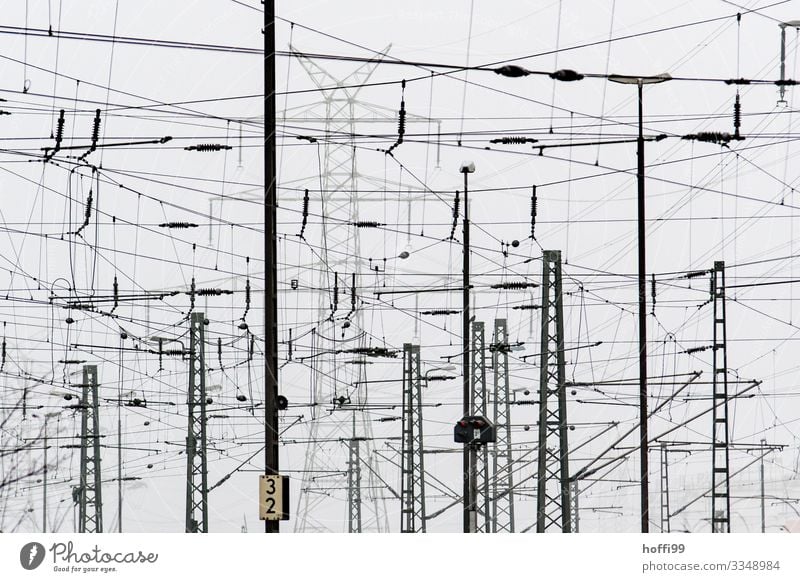 Confusion of supply Energy industry Industry Electricity pylon Transmission lines Electronics Track Overhead line Bad weather Fog Industrial plant Train station