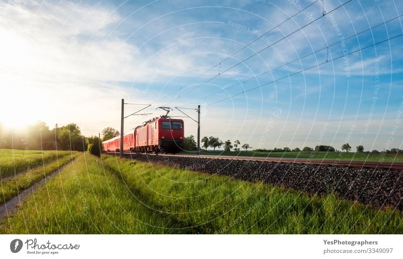 Red train traveling in a summer landscape. Train in nature Vacation & Travel Summer Sun Nature Landscape Beautiful weather Grass Meadow Transport