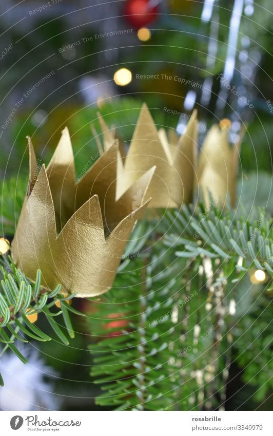 three crowns for the holy three kings on the Christmas tree | triad Crown Twelfth Day golden christian Christianity Belief religion religious Decoration