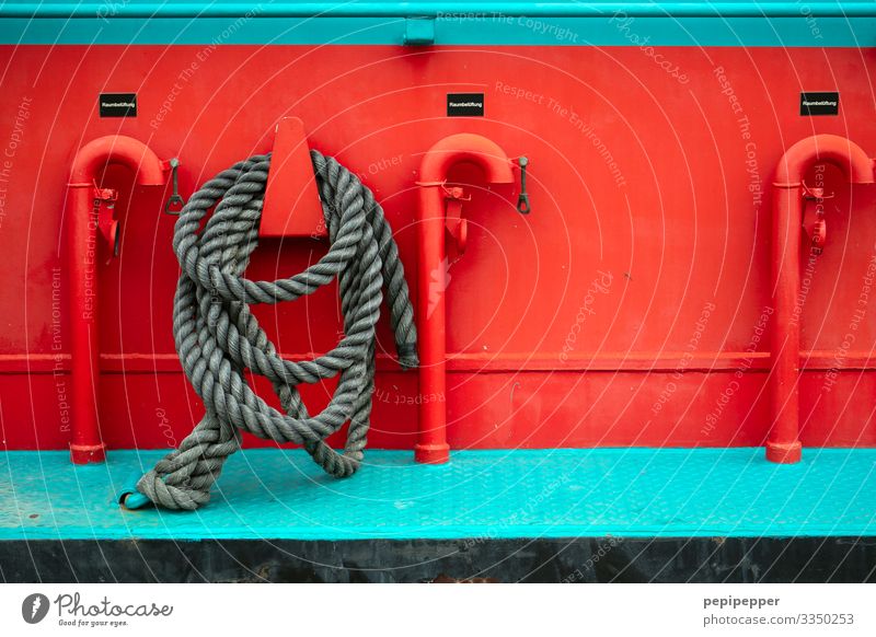 rope, ship Dew boat Red Metal variegated shipping Maritime Deserted Exterior shot Day Close-up reeds Cutter Turquoise Rope