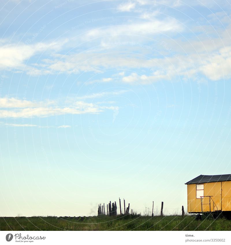 outside at home (1) Site trailer dwell Sky Meadow Clouds Idyll reflection Fence Landscape wide Horizon Longing Fantasy live better