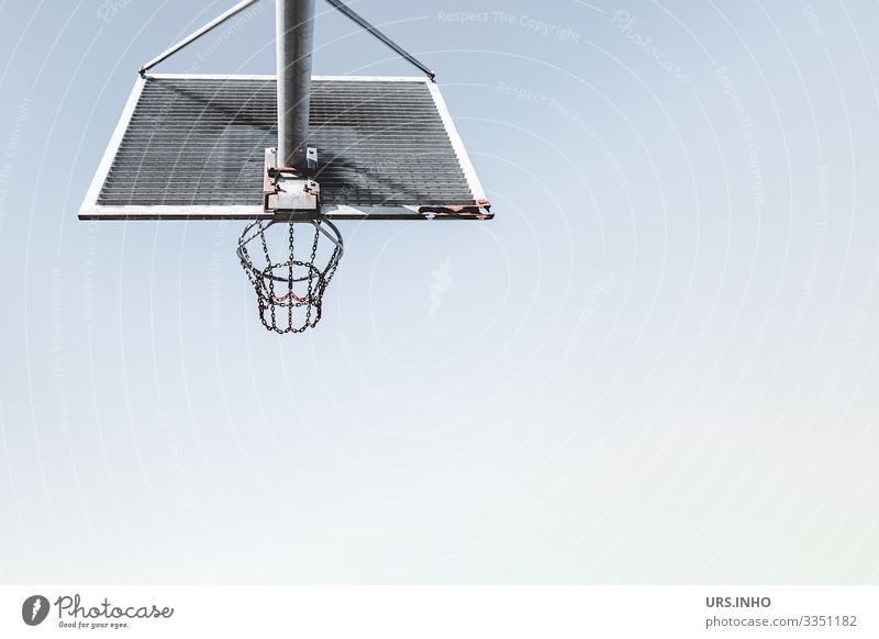 Basketball hoop in front of a blue sky Sports Ball sports Basketball basket Metal Rust Throw Sharp-edged Round Blue Gray Fitness Leisure and hobbies Net