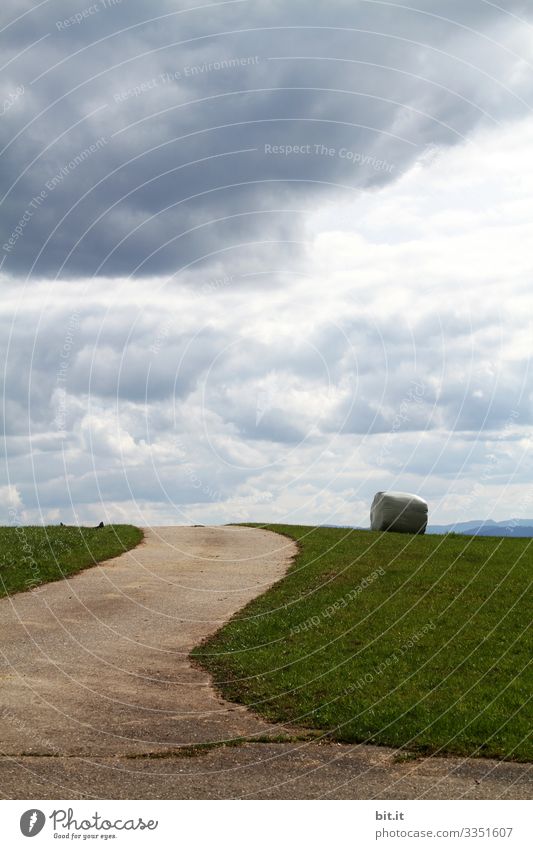 Wrapped bale of hay lies after the harvest from the farmer, in agriculture, on the meadow from the field; field in a landscape with clouds in the sky and a field path; road with a bend.