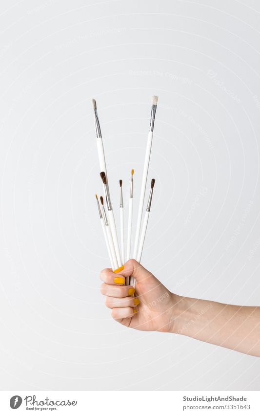 Hand holding white paintbrushes Leisure and hobbies Craft (trade) Human being Woman Adults Art Simple Modern Yellow Gray White Colour Creativity Hold Set