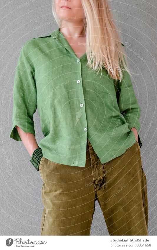 Artistic person in green clothes Beautiful Summer Human being Young woman Youth (Young adults) Woman Adults Fashion Clothing Shirt Pants Blonde Long-haired Free