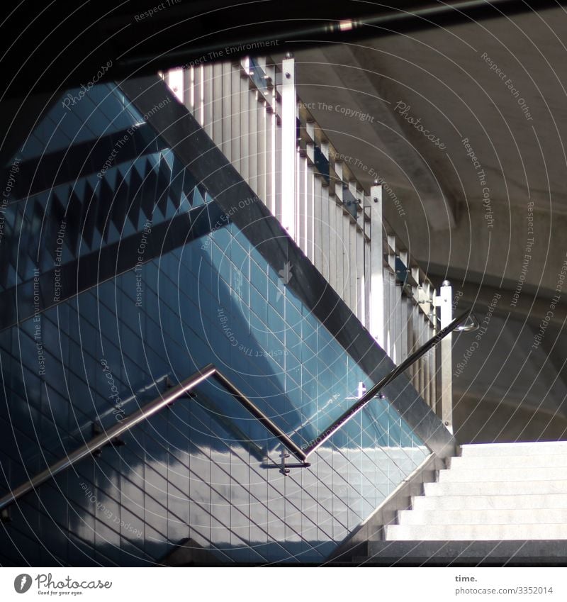 Angle piece Stairs tiles Sunlight Shadow handrail Safety Handrail Train station Building Roof Blue White Perspective Upward Architecture sunny lines Escape