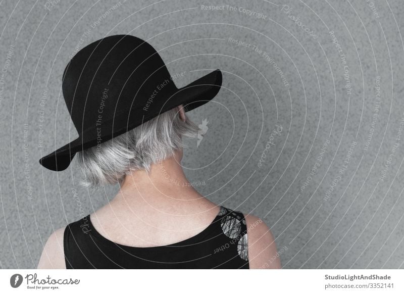 Lady with gray hair in black hat Lifestyle Elegant Style Beautiful Hair and hairstyles Health care Human being Feminine Woman Adults Fashion Dress Hat Old