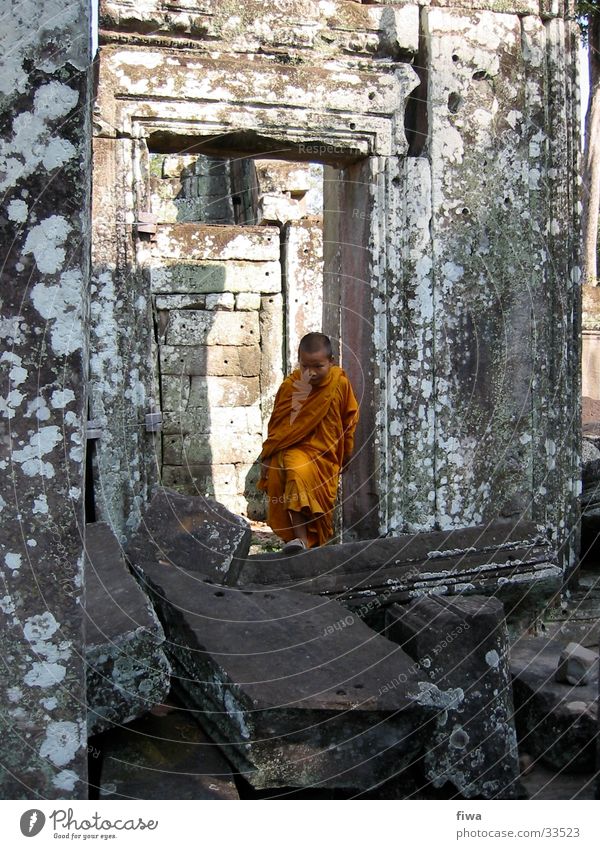 Monk boy in Ankor Child Ruin Calm Man Boy (child) Orange Buddism