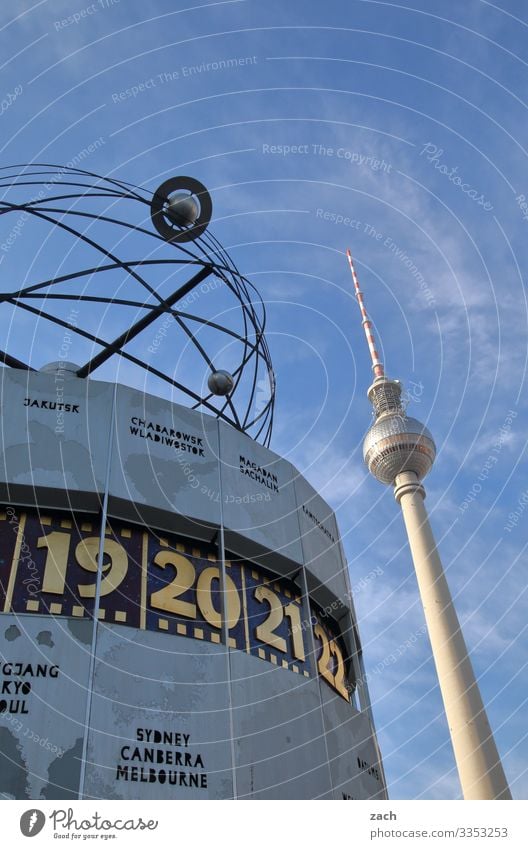 Television tower and world time clock in Berlin World time clock Alexanderplatz Berlin TV Tower Landmark Capital city Architecture Tourist Attraction Sky Blue