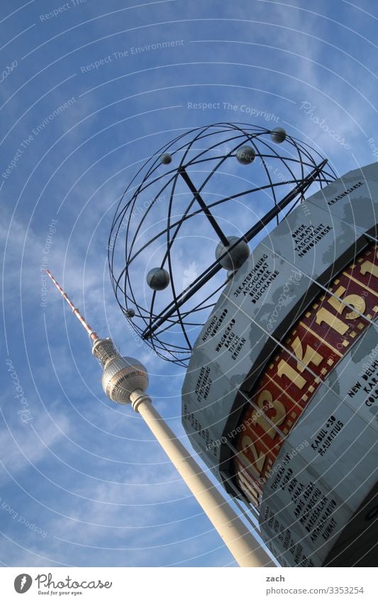 world time Clock Sky Beautiful weather Berlin Town Capital city Downtown Deserted Tower Tourist Attraction Landmark Television tower Berlin TV Tower