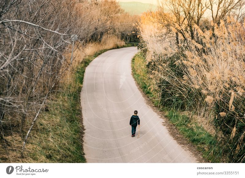 Lonely kid walking on a road. Aerial view Lifestyle Joy Leisure and hobbies Vacation & Travel Adventure Summer Mountain Hiking Child Human being Toddler