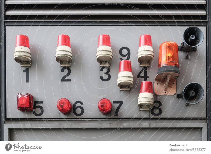alarm Industry Digits and numbers Hideous Gray Red Safety Watchfulness Disciplined Fear Stress Planning Alarm Colour photo Exterior shot Close-up Deserted