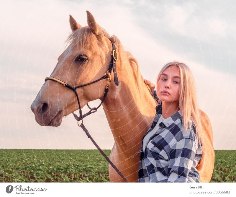young blonde girl with a beige horse Style Beautiful Face Summer Human being Woman Adults Friendship Hand Nature Animal Village Clothing Shirt Blonde Horse Near