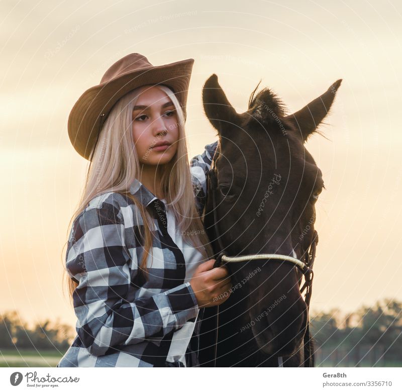 girl dressed in a cowboy hat with a horse at sunset on the ranch Style Face Summer Human being Woman Adults Hand Nature Plant Animal Sky Grass Meadow Village
