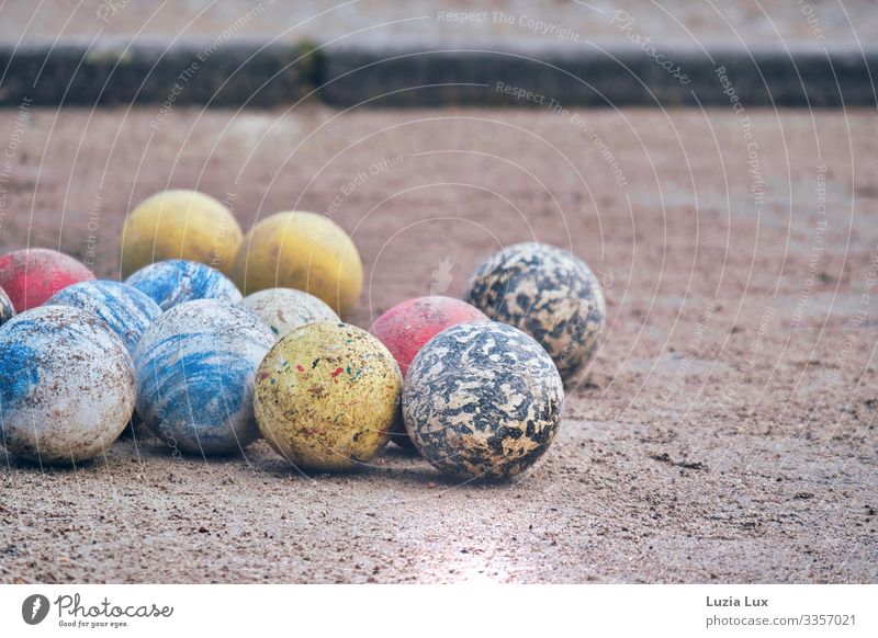 Boule game Playing Boules Sphere Ball sports Sporting Complex Boulodrome Spring Park Small Town Sand Round Multicoloured Colour photo Subdued colour