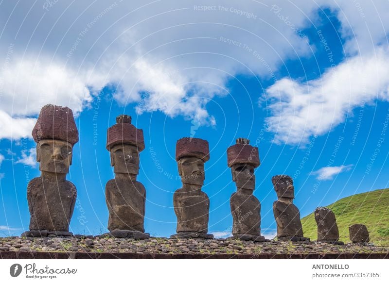 The 7 moai di Ahu Nau Nau Vacation & Travel Tourism Adventure Summer Head Face Art Work of art Sculpture Culture Sky Clouds Sunlight Hill Beach Ocean