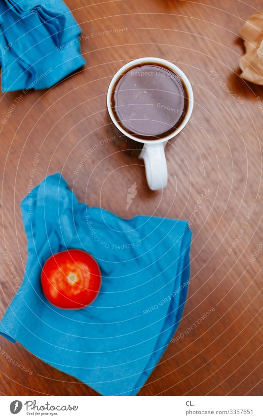 on the table Food Vegetable Fruit Tomato Nutrition Breakfast Beverage Hot drink Coffee Cup Living or residing Flat (apartment) Table Napkin Wood Esthetic