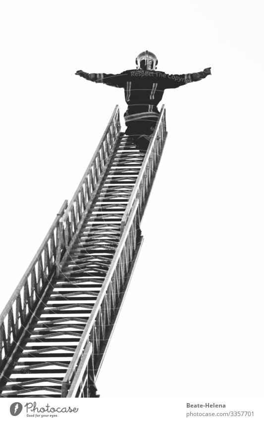 Flying high 4: soaring to the heavens high up Skyward Tall Above Ladder fire ladder Fireman black-white