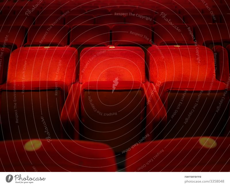 Three empty red velvet armchairs Chair Entertainment Music Audience Screen Theatre Culture Shows Concert Cinema Dark Red Comfortable Colour auditorium