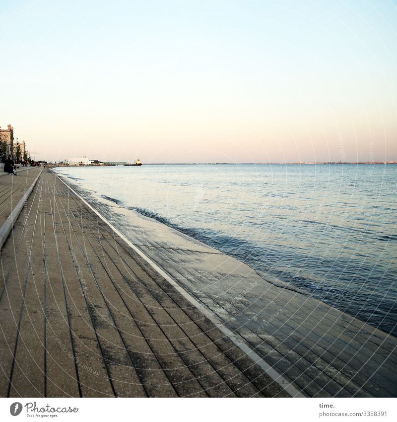 a nice evening Water Sky Horizon Beautiful weather Waves Coast Ocean Lisbon House (Residential Structure) Stairs Seating Stone Joie de vivre (Vitality) Force