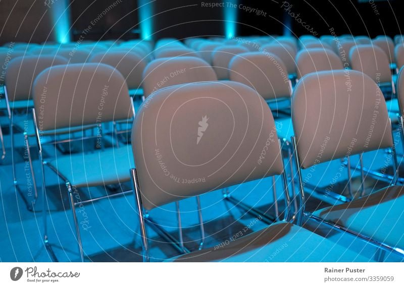 Empty rows of chairs before the event Event Economy Business Company Meeting To talk Modern Blue Gray Audience Auditorium Chair Row of chairs Seat Presentation