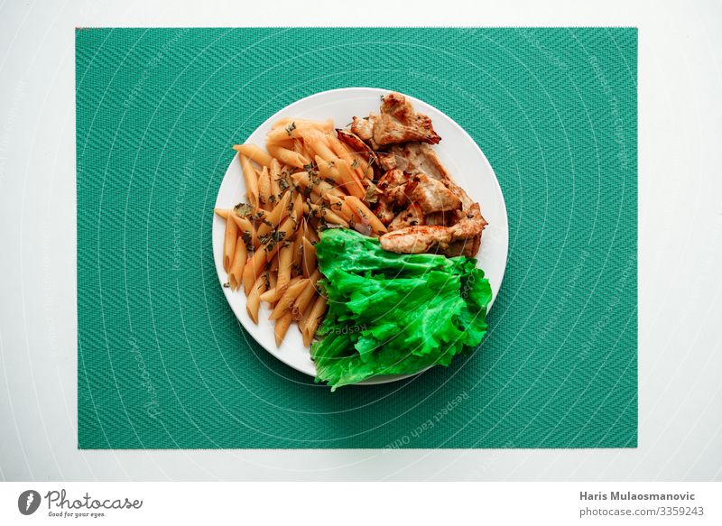 Chicken and salad with macaroni on plate top view Food Nutrition Eating Breakfast Lunch Business lunch Vegetarian diet Crockery Plate Utilize Feeding Green