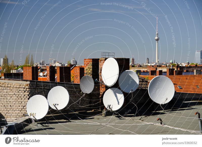 Dachland with parabolic antennas Parabolic antennas Roof Berlin TV Tower Cloudless sky Landmark Downtown chimneys Technology Alignment Cable Beautiful weather