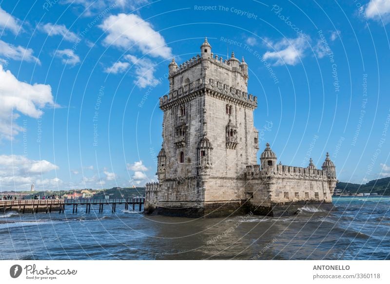View of the west side of the Belem tower in Lisbon Vacation & Travel Tourism Sightseeing Architecture Landscape Water Sky Clouds Spring River bank Ocean