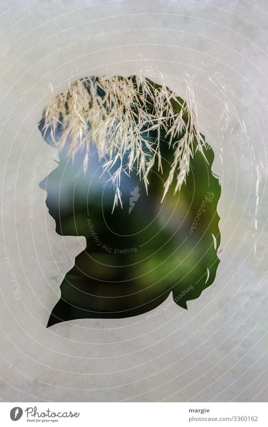 Profile of a woman as a silhouette with grasses as a headdress Woman Grass Double exposure Hay Light Silhouette creatively Green Nature Paper paper cut Face