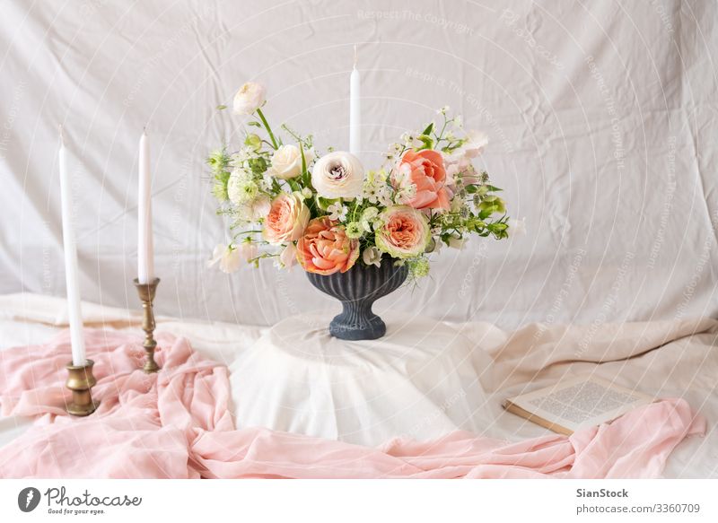 Still life with a beautiful bouquet of flowers and candles Dinner Luxury Elegant Design Beautiful Summer Decoration Table Feasts & Celebrations Wedding Book
