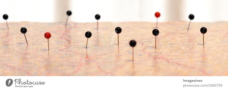 Navigation - Pins on a map. Pin Marker or position on a map. Map navigation with red and black dot markers Map of the city Globe pin Directions route plan Plan