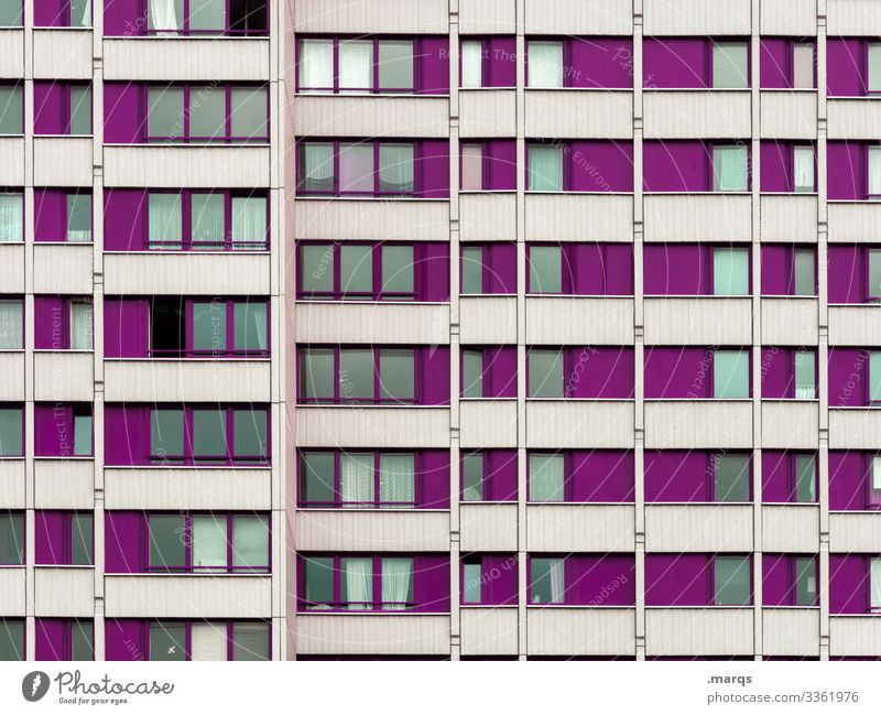 Purple facade Facade purple Colour White Apartment house dwell living space Grid Line Window Town Building House (Residential Structure) house facade