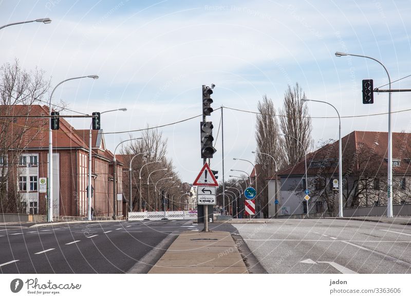 empty streets (21). Street Traffic light traffic light Deserted Town Exterior shot Traffic infrastructure Road traffic direction arrow Avenue output lock